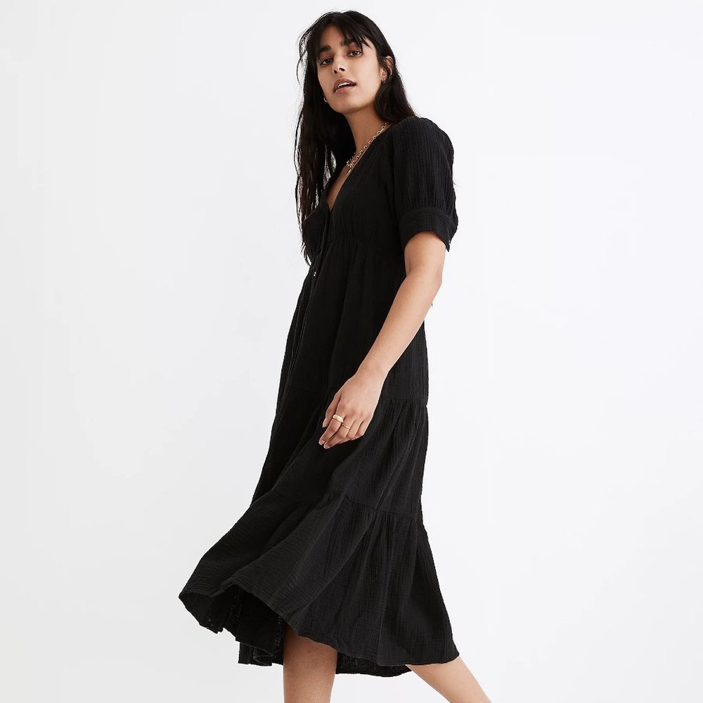 Madewell Lightspun Button-Front Tiered Midi Dress